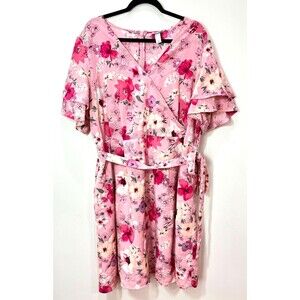 Ava & Viv Dress 2X Pink Floral Flutter Sleeve Belted Faux Wrap Cottagecore Flirt